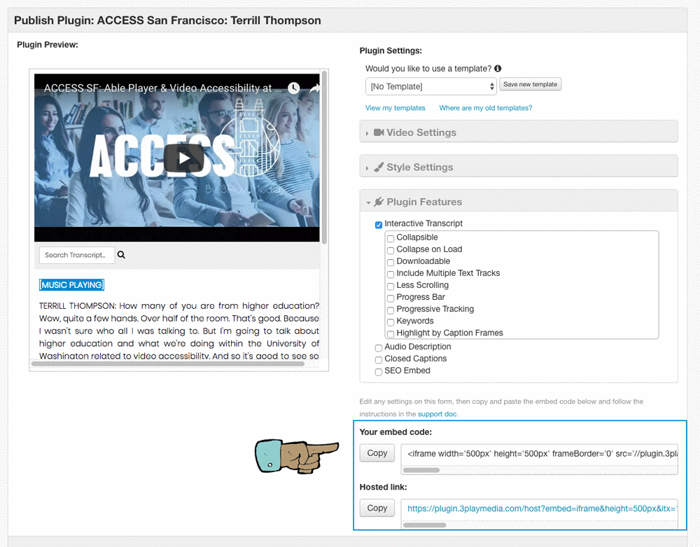 arrow pointing at embed code in the 3play plugin interface