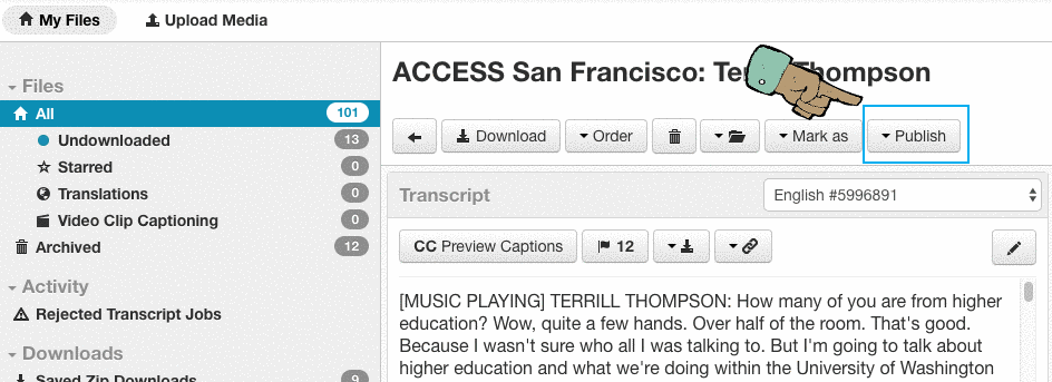 arrow pointing at publish in the account system