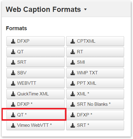QT selected in Web Caption Formats window