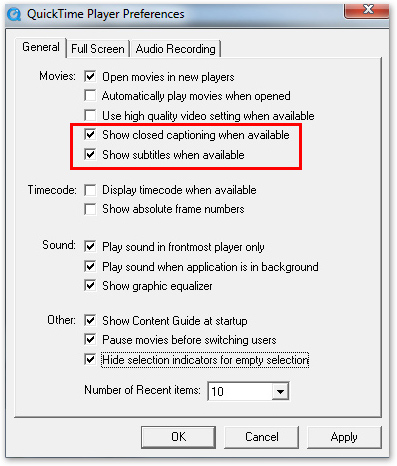 QuickTime Player Settings window with Show closed captioning when available and Show subtitles when available checked off