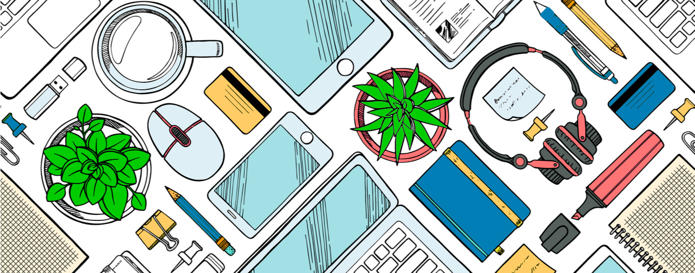 vector art depicting office supplies and electronics, like tablets, sticky notes, pens, notepads, and more.