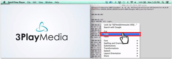 Screenshot in QuickTime Player with a dropdown menu open and copy selected