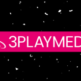 An abstract black and white background with the 3Play logo front and center. The logo has a magenta background and white font.