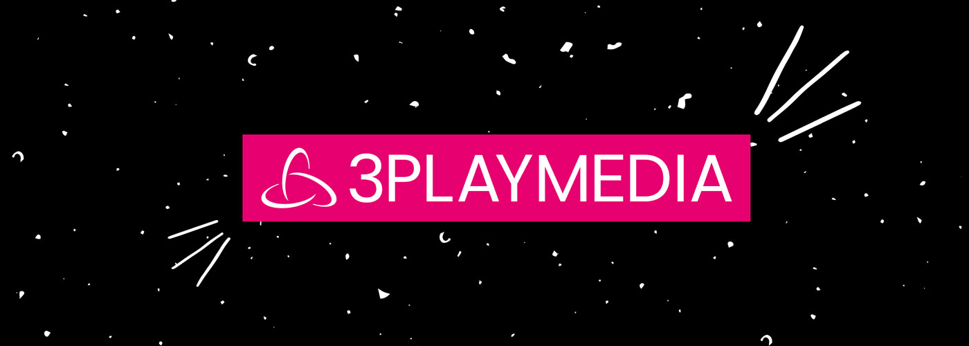 An abstract black and white background with the 3Play logo front and center. The logo has a magenta background and white font.