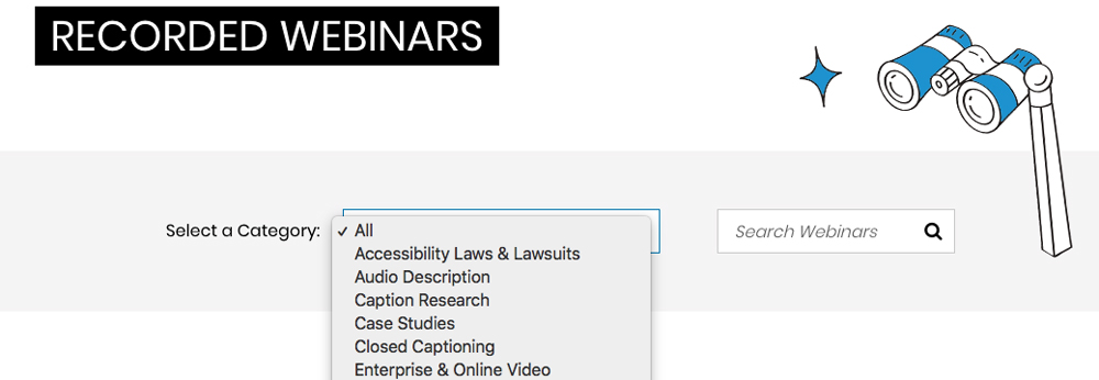 recorded webinar page. screenshot of category and search bar feature