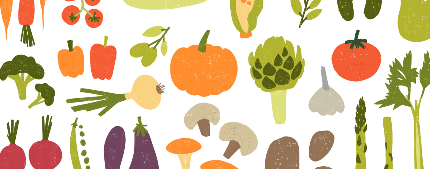 Fruits and vegetables in watercolor.