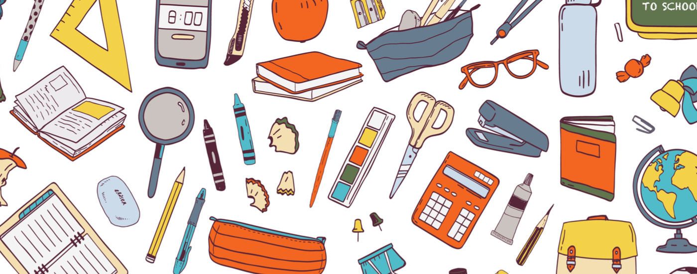 Collection of school supplies and stationery icons.