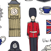 United Kingdom symbols like tea, Big Ben, and the UK flag.