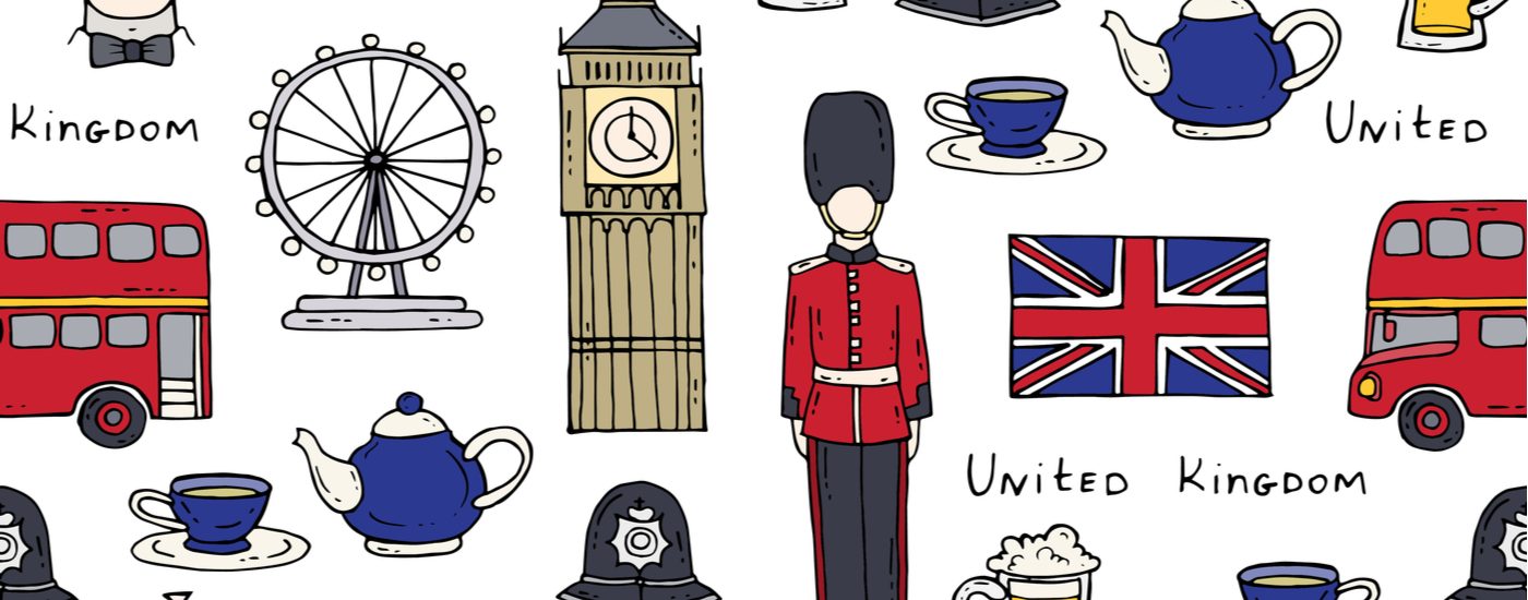 United Kingdom symbols like tea, Big Ben, and the UK flag.