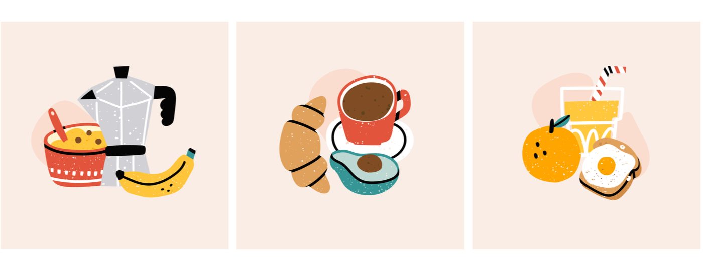 Icons for cooking videos, including coffee, fruit, and pastries.
