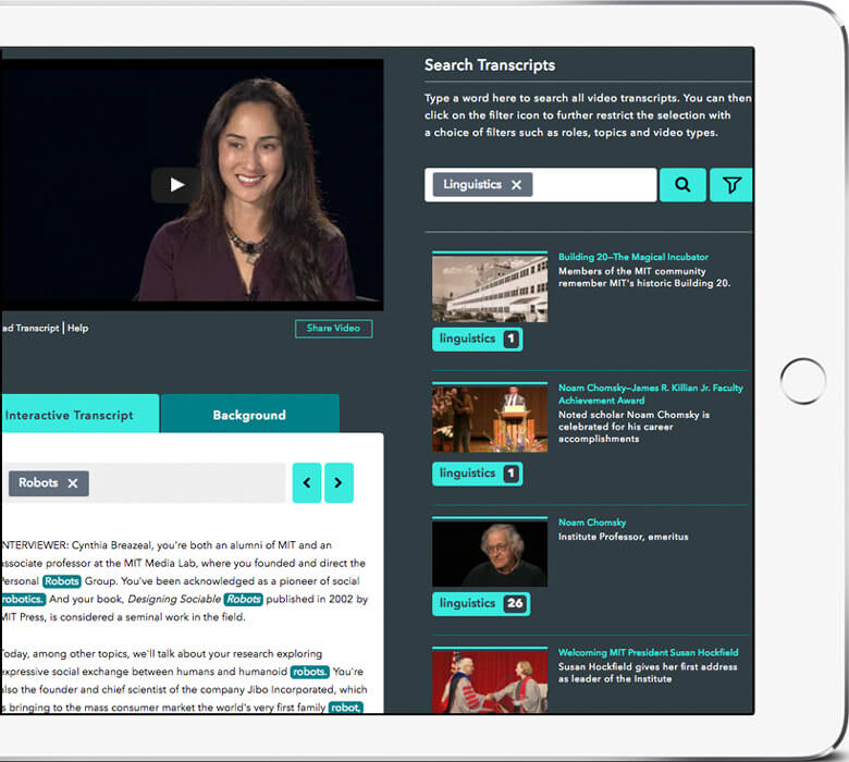 A screenshot of MIT's Infinite History site featuring the interactive transcript and playlist search functions. Within the transcript the user has searched for robots, and the word is highlighted where it appears in the transcript. In the playlist the user has searched linguistics and each video featuring that word is shown with the number of times the word is mentioned