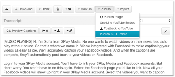 Screenshot of Transcript preview in 3play account system. Publish selected and Publish SEO Embed is highlighted in the drop-down menu
