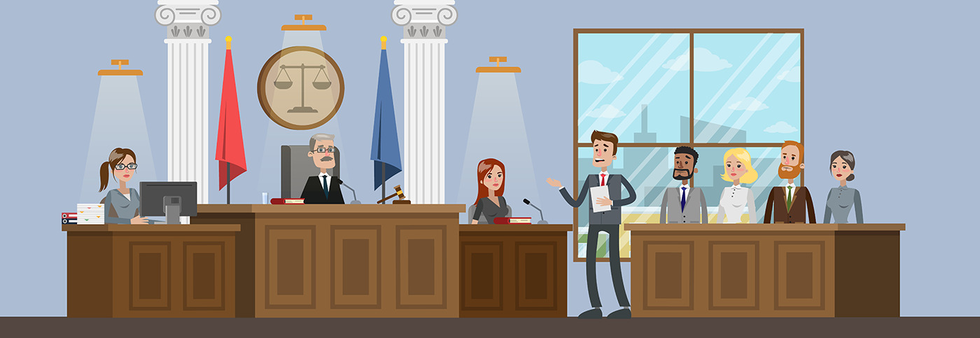 Judicial court interior. The judge and the jury are sitting in the courtroom