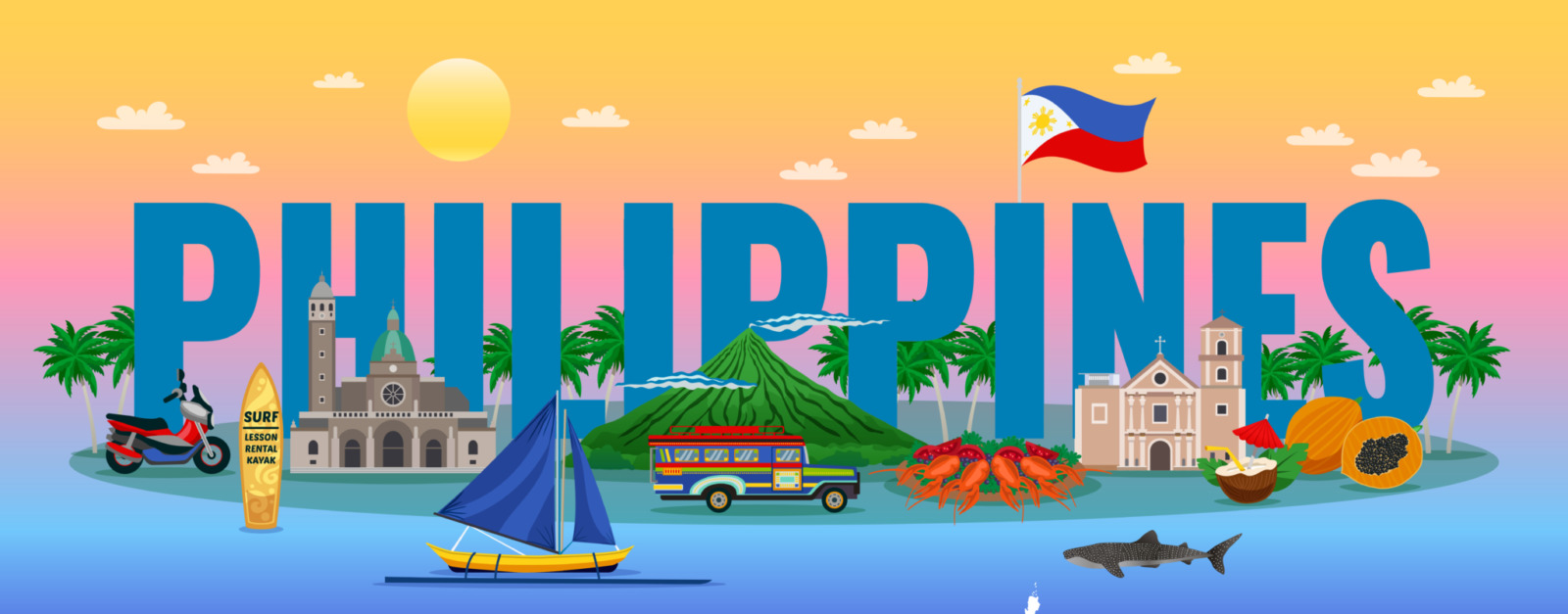Philippines typographic composition with traditional food various landmarks and animals on gradient background