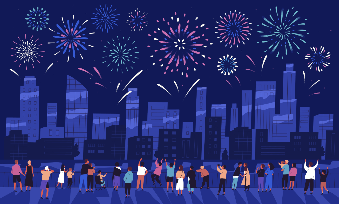 animation of a crowd of people watching fireworks over a city skyline