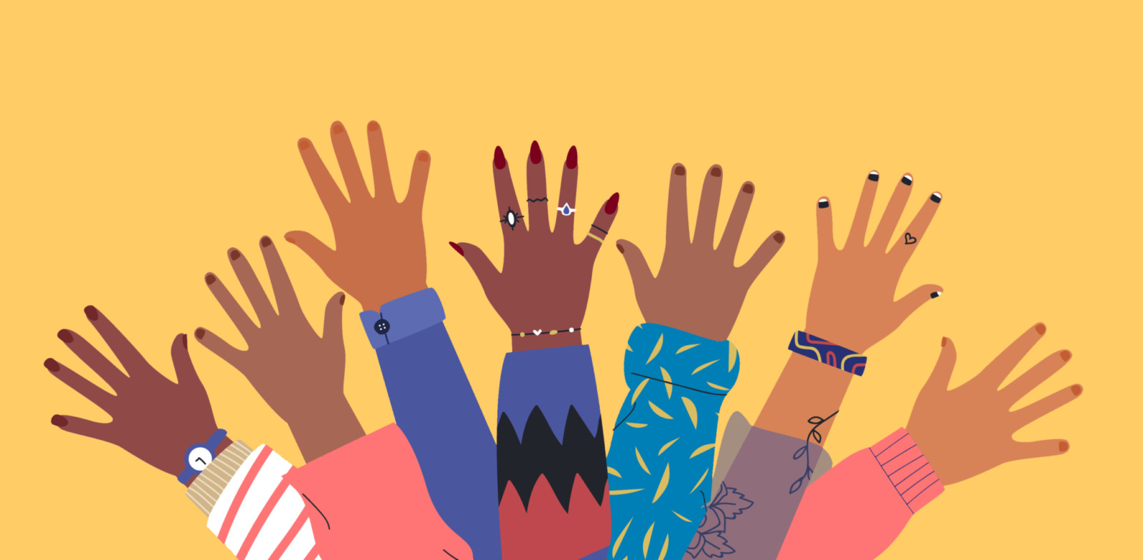 Diverse young people with hands up
