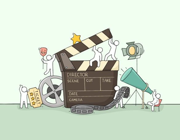 sketch of little people with cinema symbols