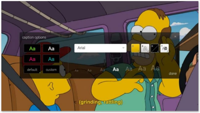 Screenshot of The Simpsons playing in Hulu with various color, font, and size options displayed