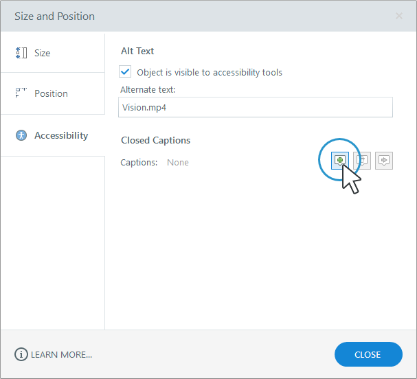 adding captions via the size and position window