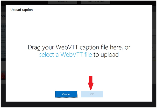 caption file upload screen with red arrow pointing to the OK button