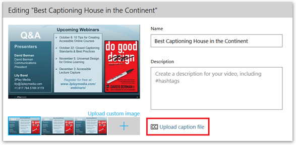'Upload caption file' hyperlink is highlighted at the bottom of the video editing screen
