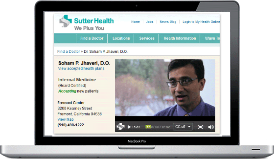 Screenshot of Sutter Health web page with a video playing on laptop screen
