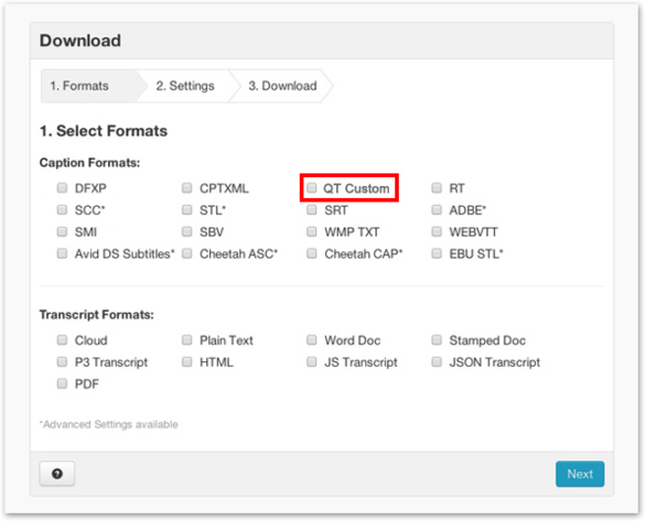 Download window with QT Custom selected under Caption Formats