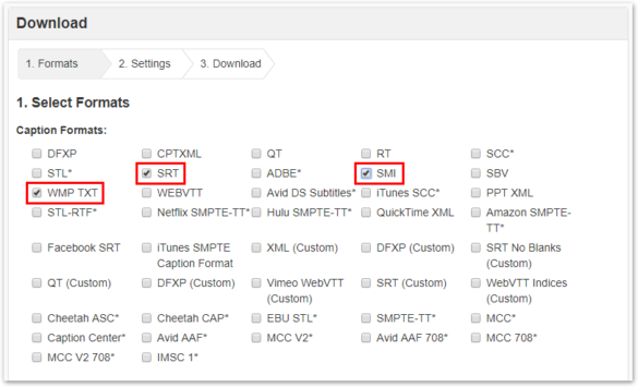 Screenshot of Download window open with WMP TXT, SRT, and SMI checked off under Caption Formats
