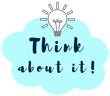 "Think about it!" inside a light blue cloud with a lightbulb icon at the top