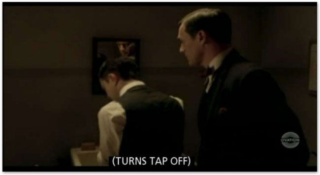 a bartender with their back turned. Caption reads [TURNS OFF TAP]