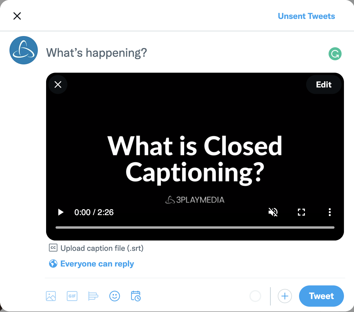 Sample tweet showing a video thumbnail, "What is Closed Captioning?"