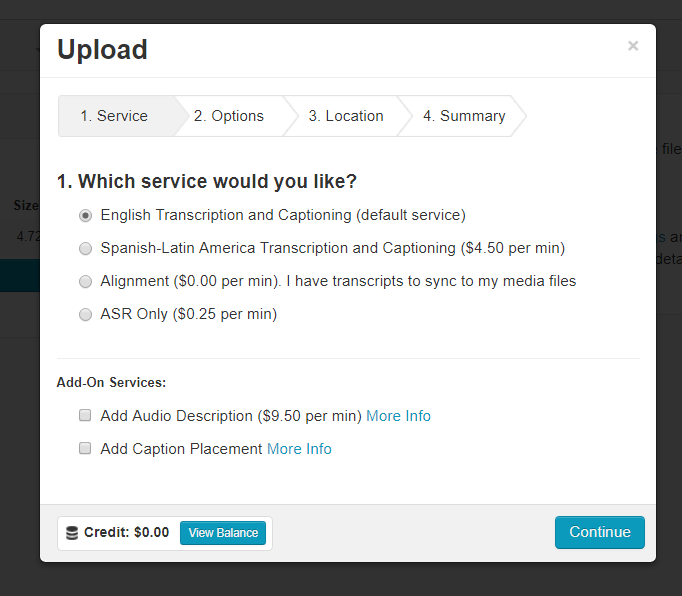 Upload window with English Transcription and Captioning (default service) marked under Which service would you like?