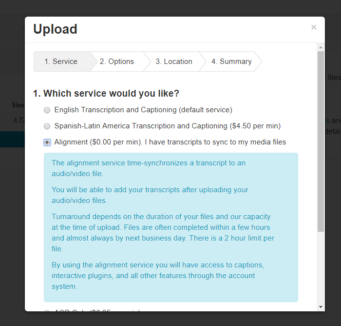 screenshot of the 3Play Media file upload portal showing the transcript alignment option
