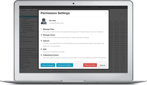 Permission settings within 3Play account. You can decide if a user can manage files, manage other users, upload content, edit content, and publish content. You can also remove a user and resend their invitation