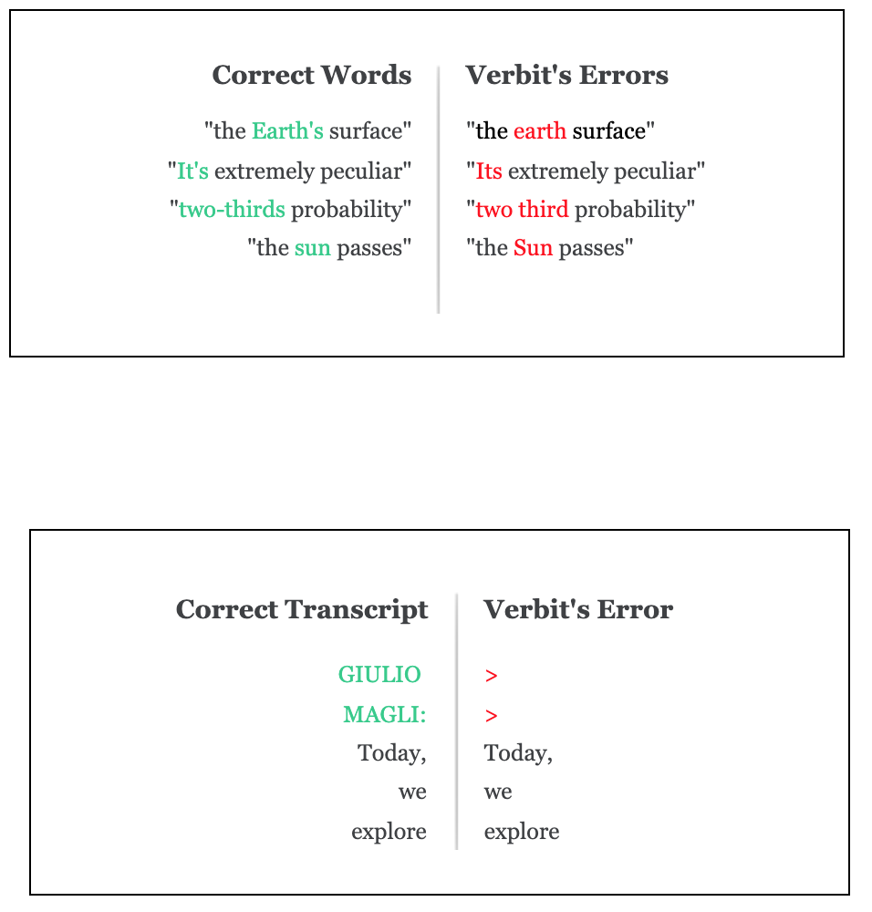 Examples of Verbit's punctuation and speaker identification errors