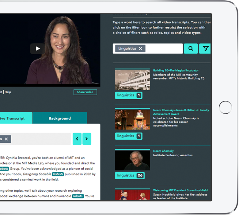 an iPad with the MIT 150 website's interactive transcript and video playlist displayed