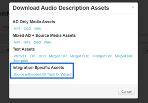 where to find new vidyard AD asset in the audio description panel in 3play media account
