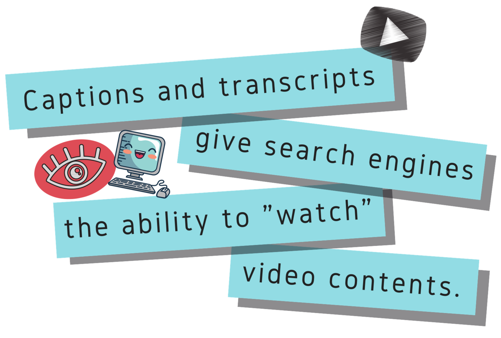 Quote: captions and transcripts give search engines the ability to watch video contents." Light blue background, smiling computer icon, and video play button icon