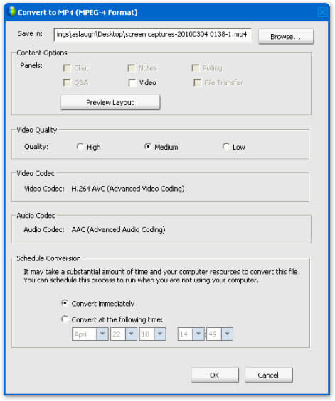 Screenshot of Convert Recordings to MP4 Format window