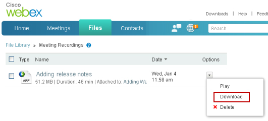 Screenshot of Cisco WebEx Meeting. Files tab open. Download selected