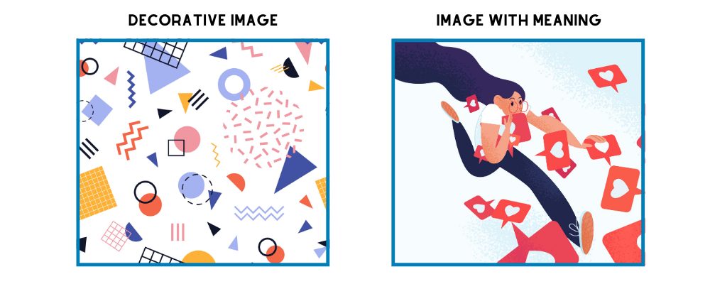 decorative vs. image with meaning. Decorative image has abstract shapes in different colors. Image with meaning is a woman chasing after the instagram like icons