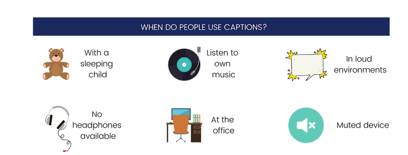 people use captions with a sleeping child, when listening to their own music, at the office, when they're in a noisy environment, have a muted device, and don't have headphones available