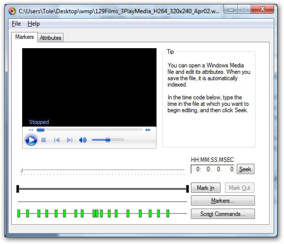 Screenshot of Windows Media File Editor in the Markers tab