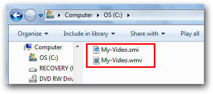 Computer folder open with a .smi and .wmv file selected