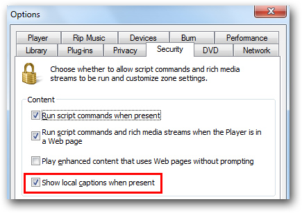 Screenshot of Windows Media Player Settings with a red box around Show local captions when present