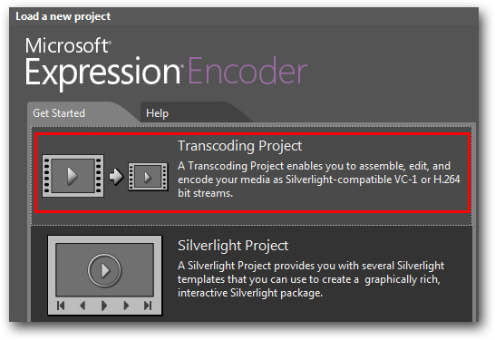 Screenshot of Microsoft Expression Encoder with Transcoding Project selected with red box