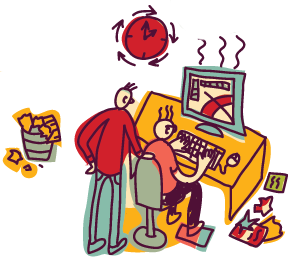 man working on computer with boss watching over him