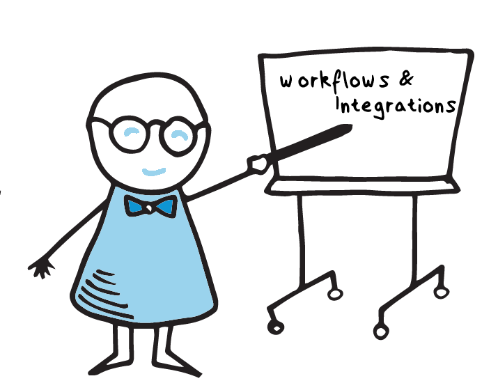 man pointing at chalkboard that reads workflows and integrations