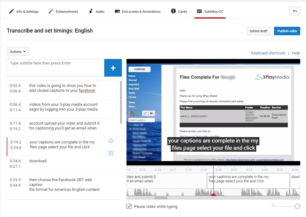 a screenshot of YouTube's caption editor interface 